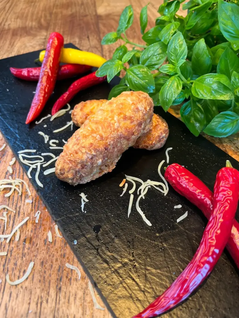 Herzhafte Käsebrötchen mit roten Chilischoten und frischem Basilikum